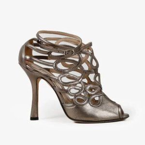 Oscar De La Renta Napo Pewter Cutout Metallic Leather Sandals